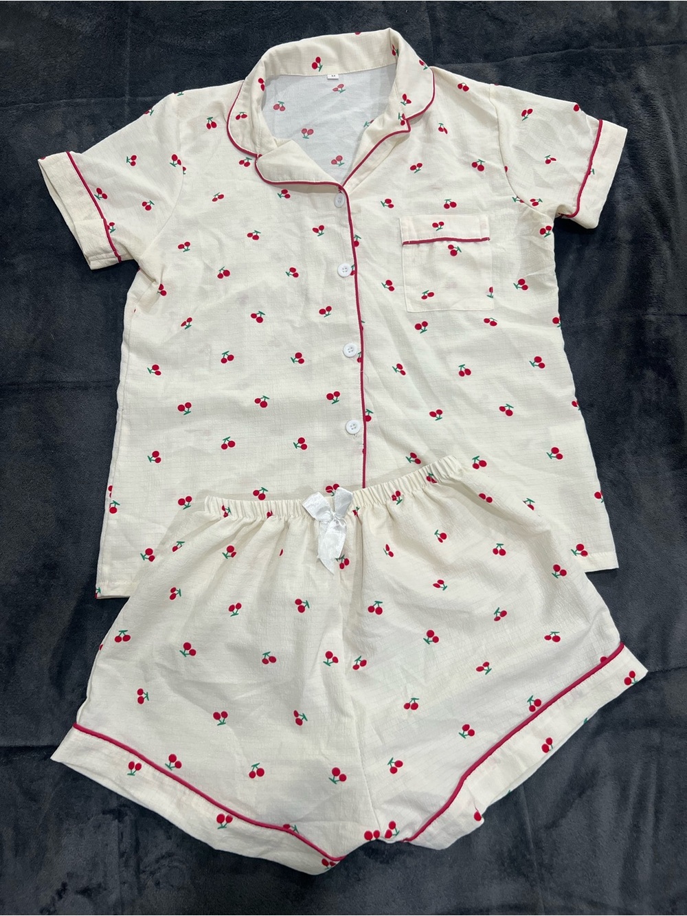 Women’s Cherry-Print Cream Short Pajama Set Size: Medium
